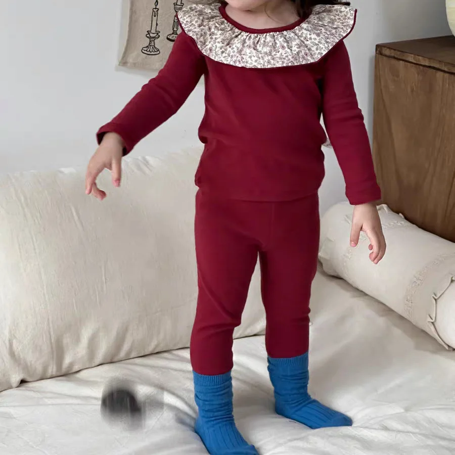 Spring and Autumn Girls' Home Clothes Set Baby Fashion Baby Children's Korean Floral Lotus Leaf Collar Pants Pajamas