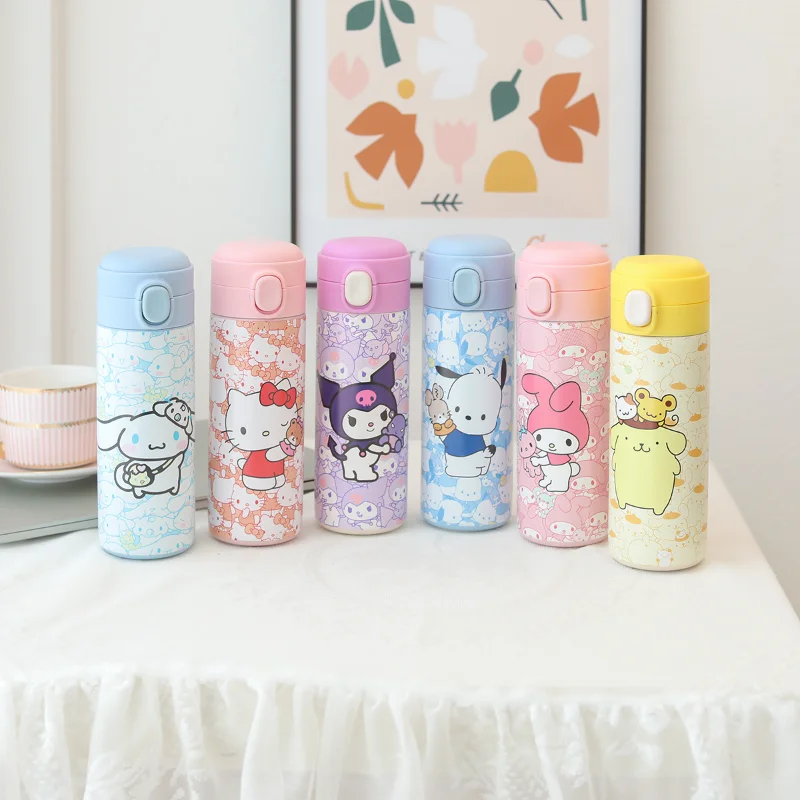 420ml Pochacoo Pompompurin Cinnamoroll Hello Kitty Kuromi Thermos Cup Cartoon Printing Portable Non-slip 304 Stainless Steel