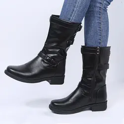 Women Buckle Mid-Calf Boots Female Low Square Heel Zipper Half Boots 2023 Woman Fall Winter Pu Flat Shoes Black Gray Size 43