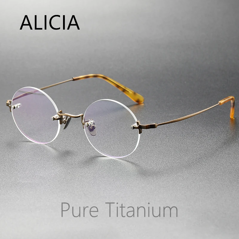 ALICIA ManLuxury Rimless Glasses Fashion Retro Round Eyeglasses Ultra light Pure Titanium Spectacle Optical Prescription Eyewear