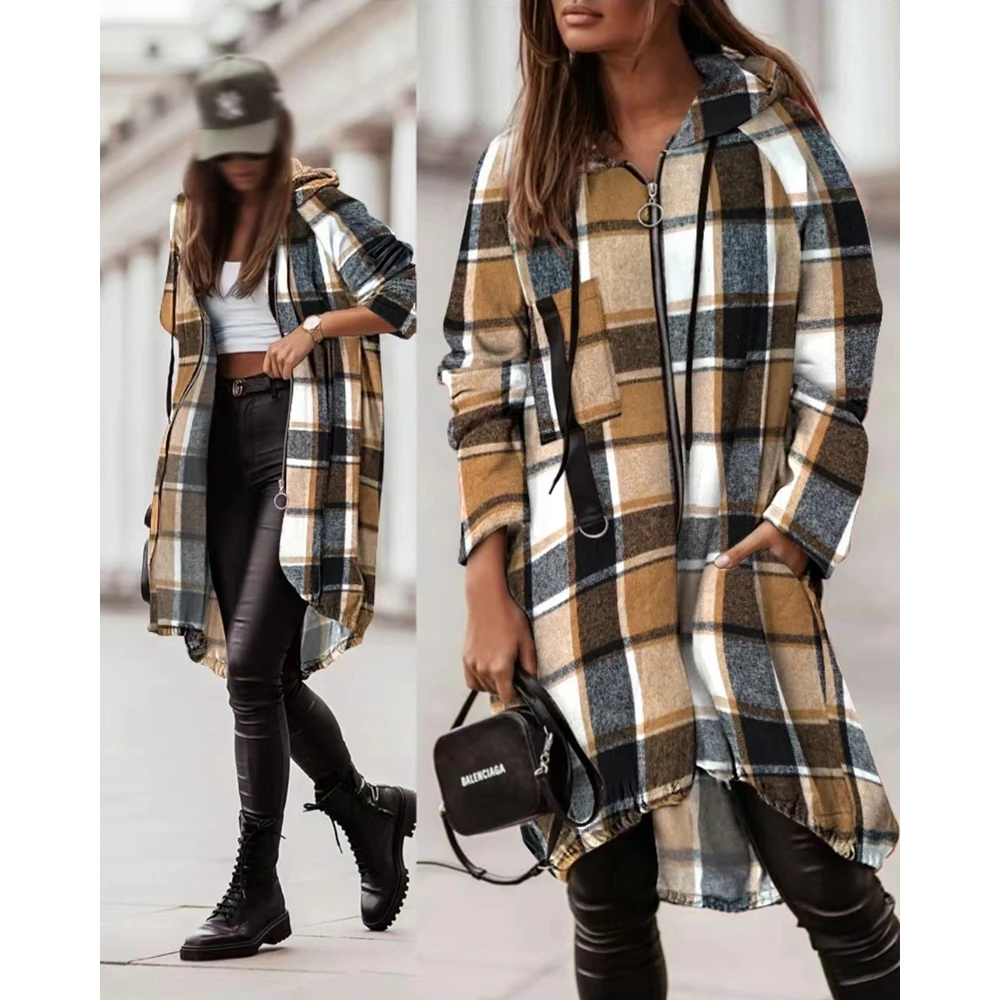 

Autumn Women Plaid Print Zipper Pocket Design Hooded Loose Longline Shacket Femme Long Sleeve Coat Elegant Casual Outfits