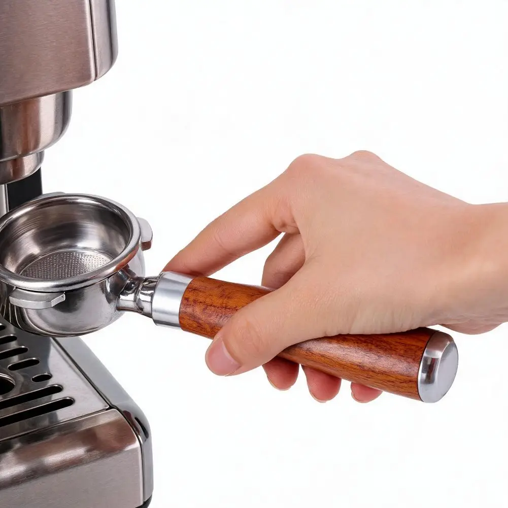 Stainless Steel 58mm Espresso Portafilter with Natural Wood Handle Compatible with For Barsetto Coffee Machines