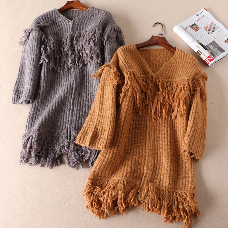 

Женский свитер с кисточками Thiened, женский вязаный кардиган средней длины, пальто, уютный, теплый, длинный свеч, однотонный, осень-зима