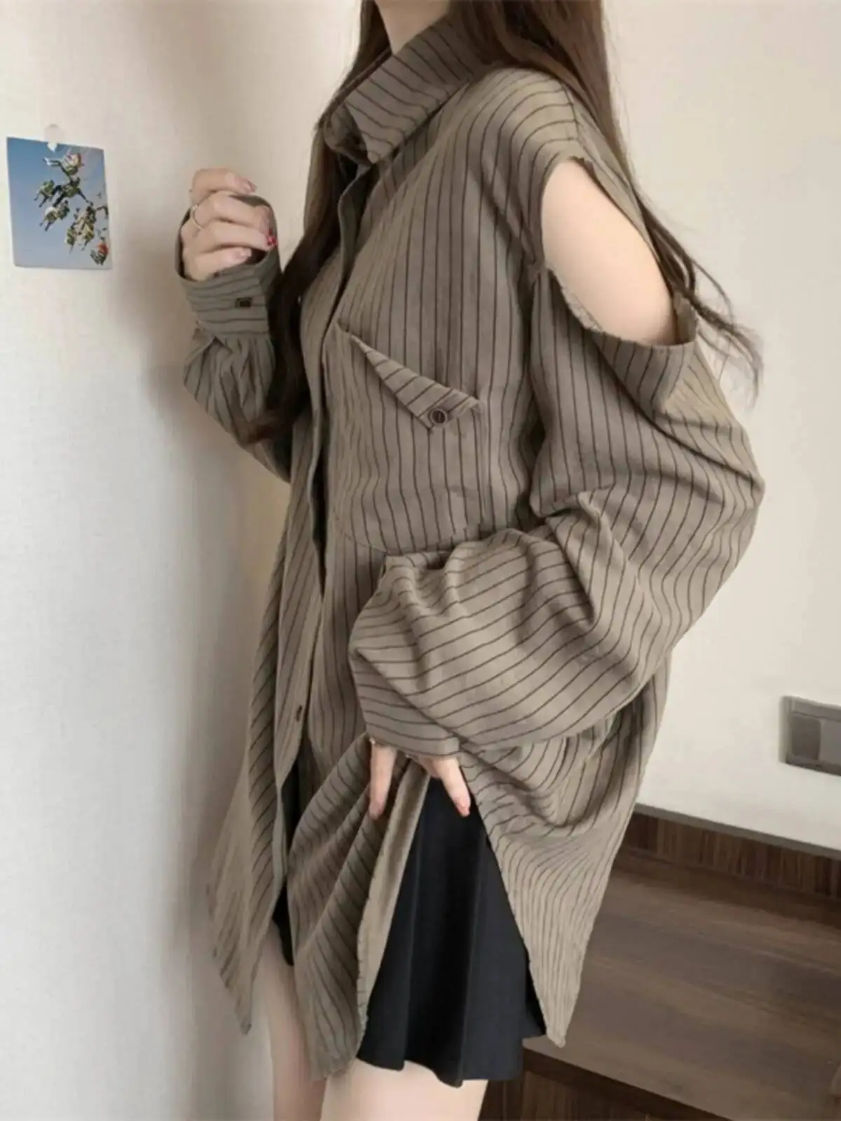 Dames plus size gestreept shirt met lange mouwen, slanke pasvorm, off-shoulder, chique top, halflange designblouse