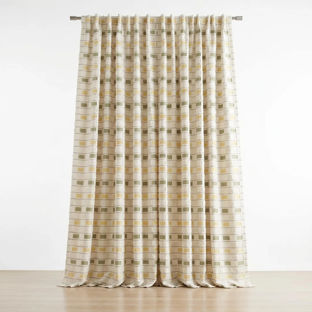 

Cream yellow-green lattice three-dimensional jacquard curtain bedroom shading chenille ins light luxury window cloth