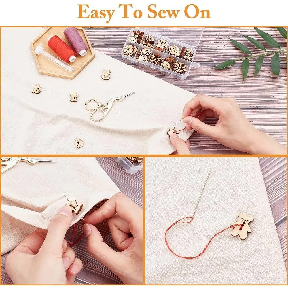 100 قطعة أزرار خياطة خشبية على شكل حيوان 2-فتحة أرنب فراشة الدب أزرار خياطة أزرار زخرفية خشبية غير مكتملة