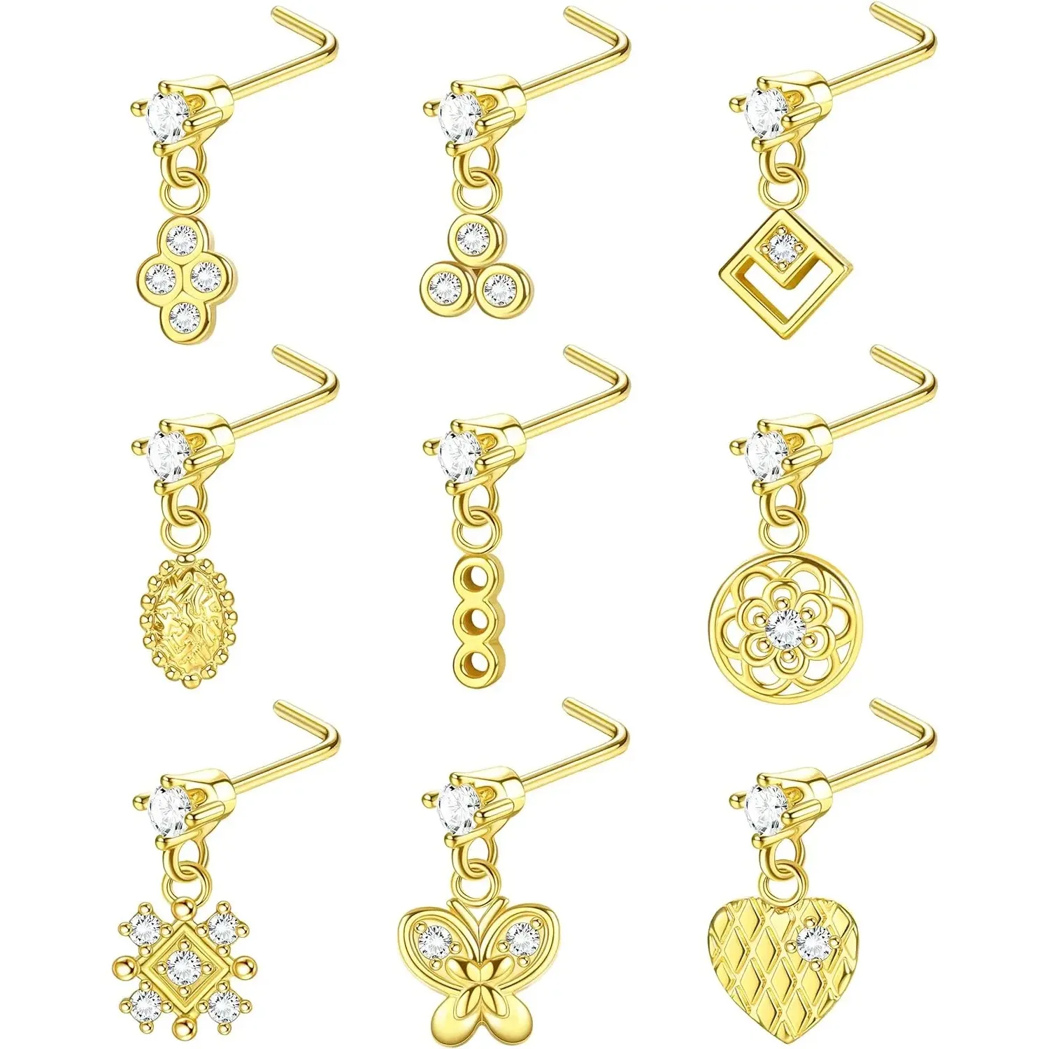 

Bobisty 1Pc 20G Nose Studs Stainless Steel Nose Rings for Women Men Dangling Heart Butterfly CZ L Shaped Nose Piercing Jewelry