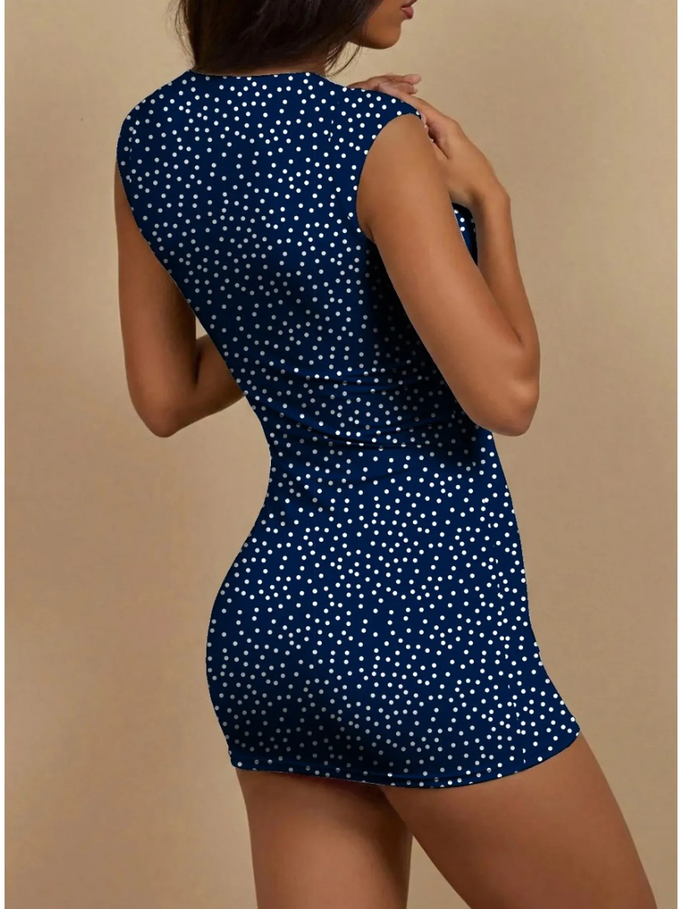 Women's Polka Dot Printed Square Neck Sleeveless Dress Casual Summer Waist Cinched mid Length Skirt view 2