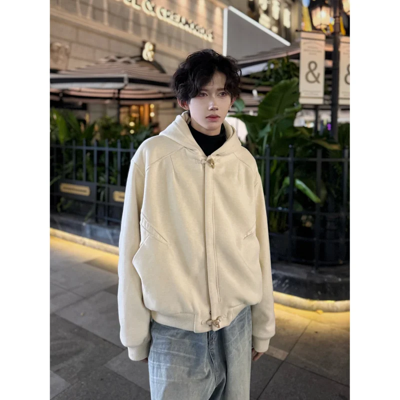 

Толстовка на пуговицах в американском стиле ретро, мужская корейская шерстяная куртка с капюшоном, свободная посадка, повседневная верхняя одежда
