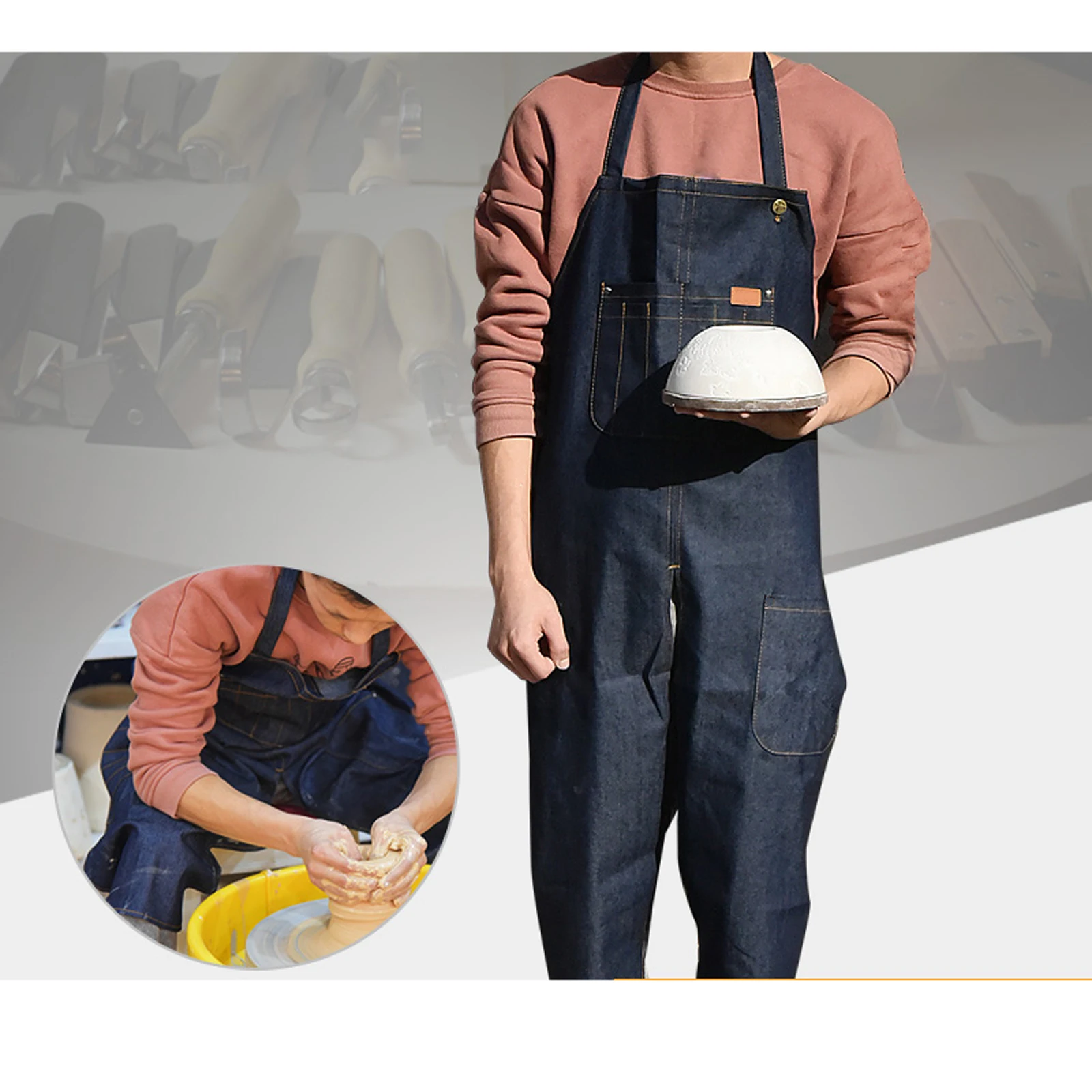 Ceramic Denim Apron Portable Pocket Denim Sleeveless Anti-Fouling Split-Leg Work Apron For Potters Art Working Yard