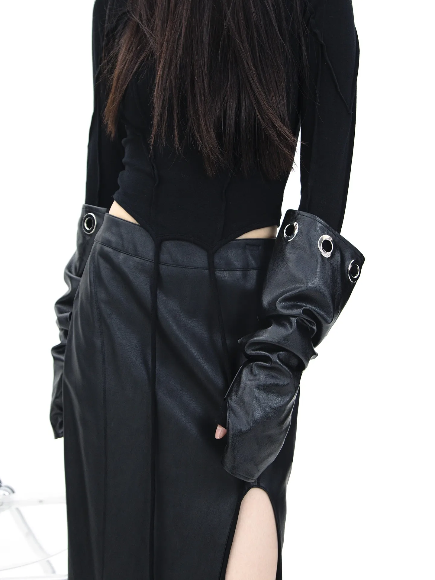 Women's Fashion Black PU Leather Hollow Out Long Fingerless Glove Girls Club Performance Formal Party Dancing Glove R136