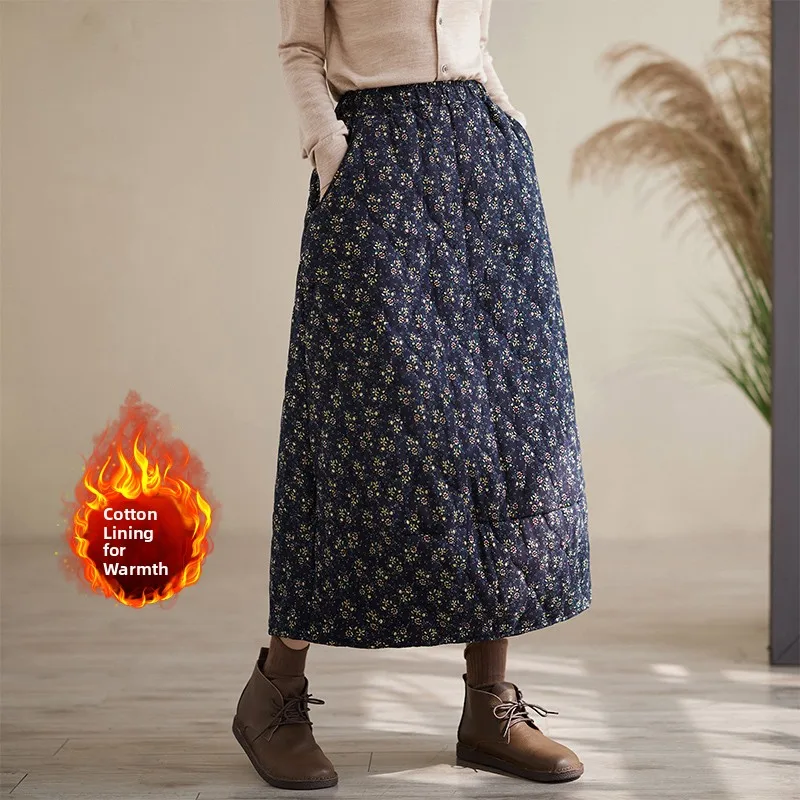 

Retro Floral Print Thiened Cotton f Skirt A-Line Long Casual Winter Skirt for Middle-Aged And ly Women