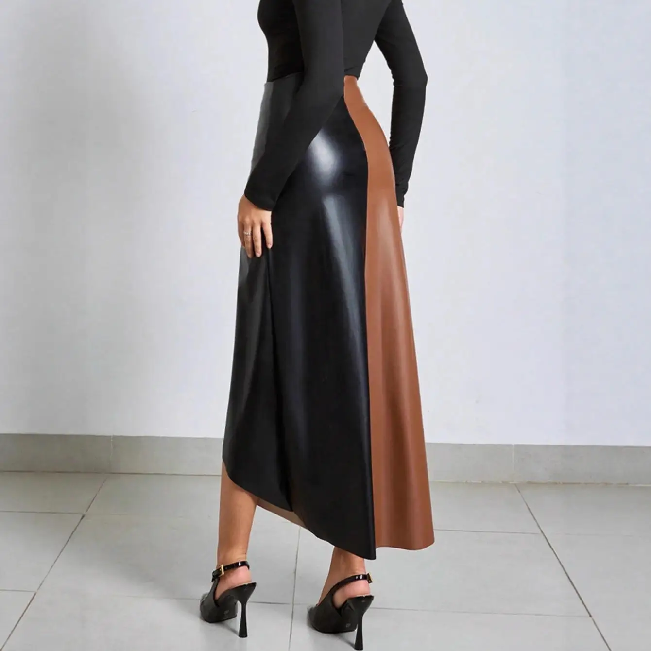 

High Waist Zipper PU Leather Skirt Color Block Slim Fit Half Body Skirt City Walk Style mid Year Autumn Winter Fashion