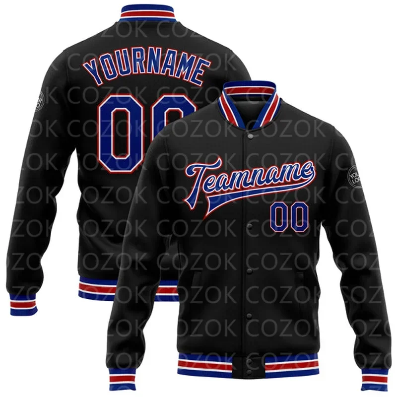 

Custom Black Purple 3D Printed Baseball Button Jacket Bomber Full-Snap Varsity Letterman Jacket