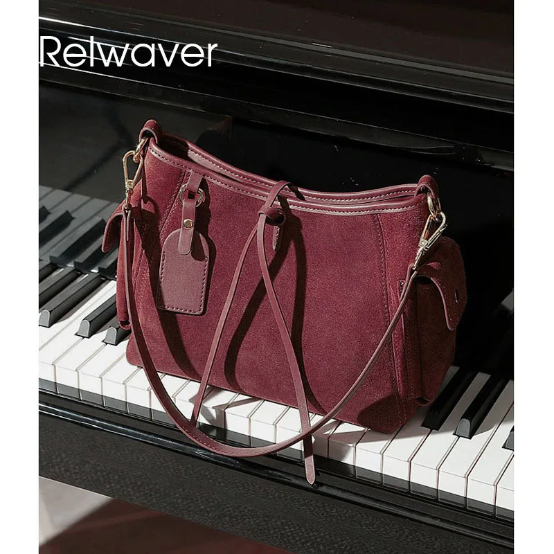 

Relwaver women shoulder bag suede cowhide crossbody bag wine red elegant ladies underarm bag fashion women handbag small bucket
