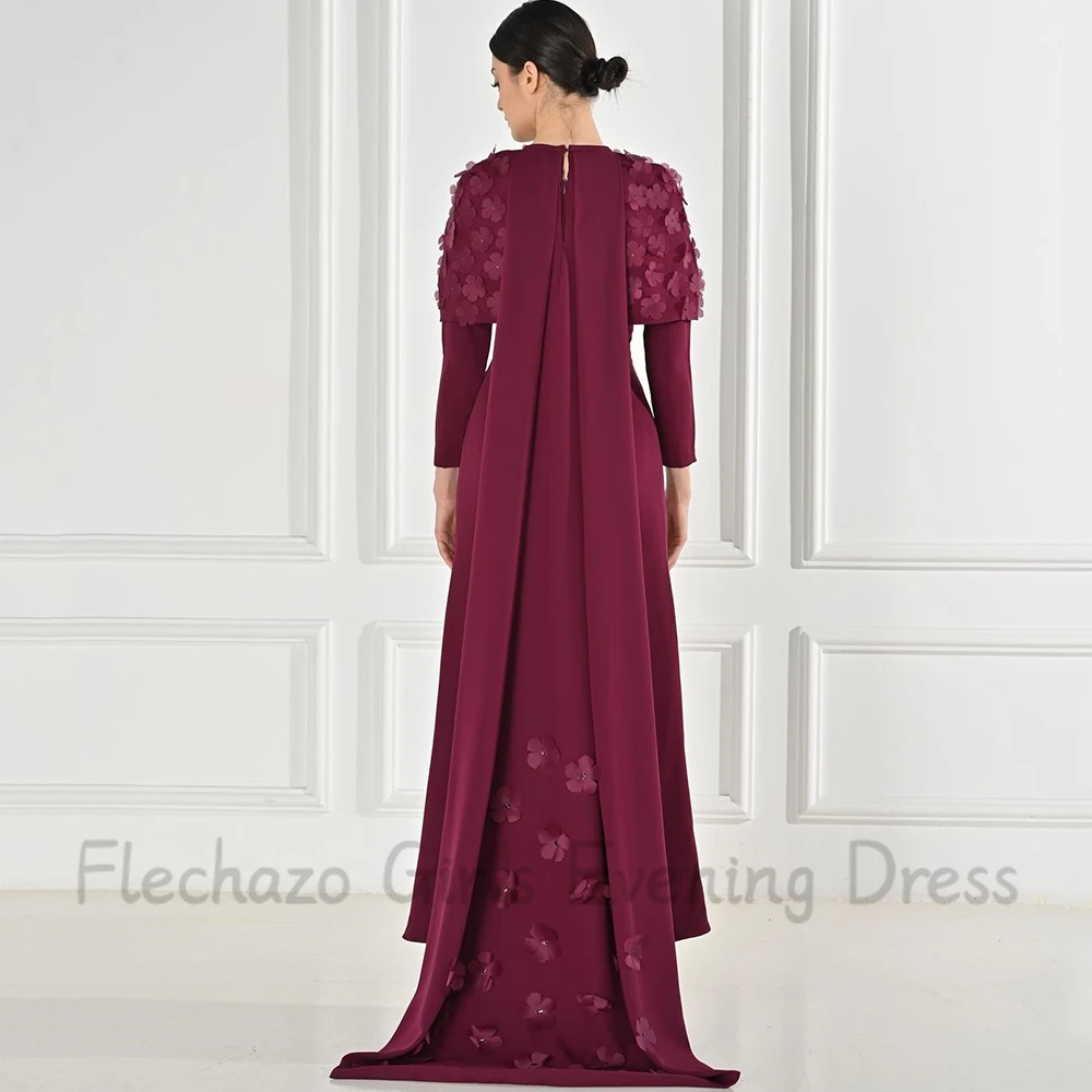 Flechazo Ankle Length Evening Dress O-Neck Long Sleeves Straight with Flowers Cloak Sweep Train Women Party Banquet Gowns