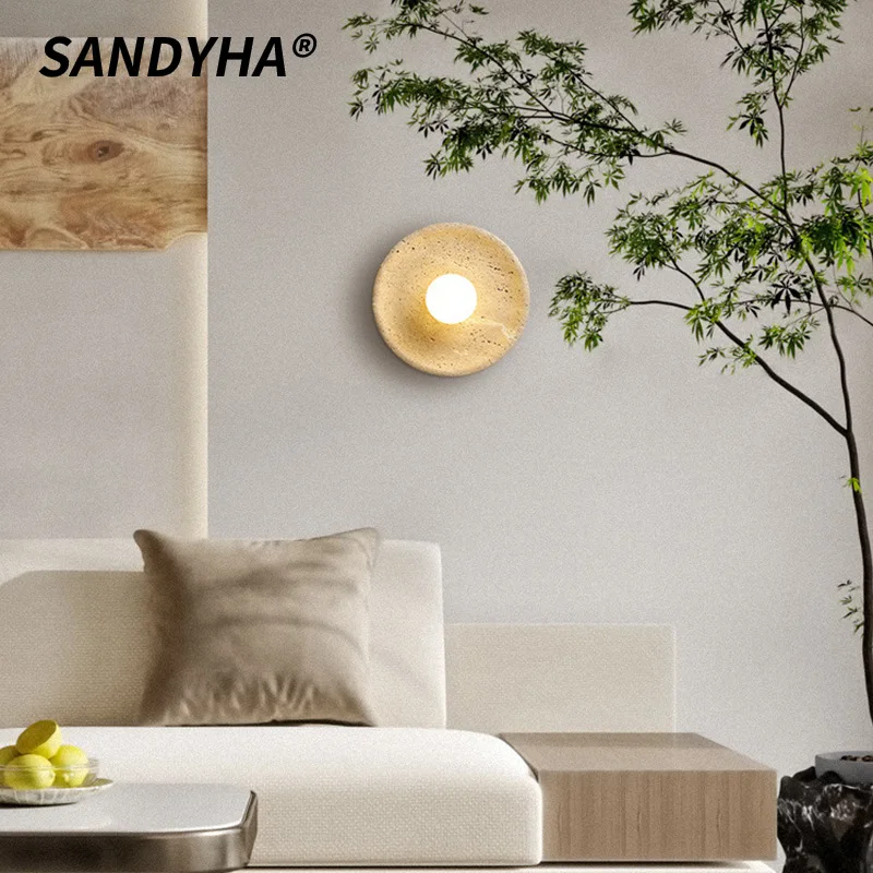 

SANDYHA Japanese Style Circular Yellow Cave Stone Wall Lamp Glass Ball Lampshade Design LED Light Living Room Bedroom Decoration