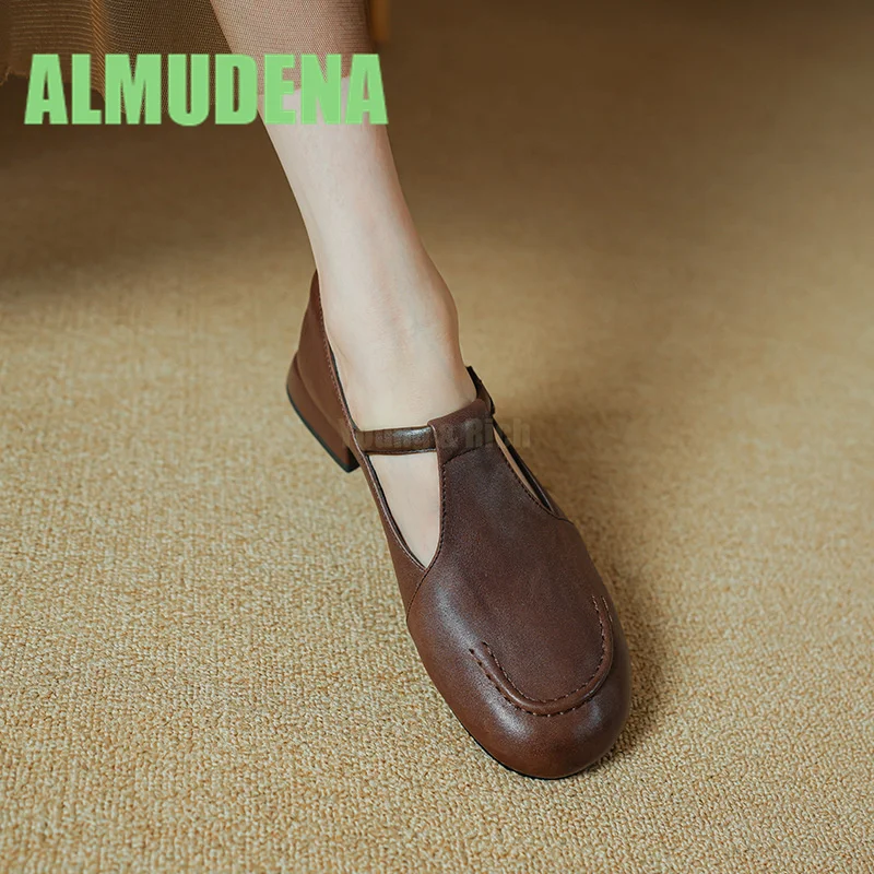Round Toe Mary Jane Shoes for Women In Spring and Autumn Solid Color Flat Sole Single Shoes Buckle Low Heel Leather Shoes