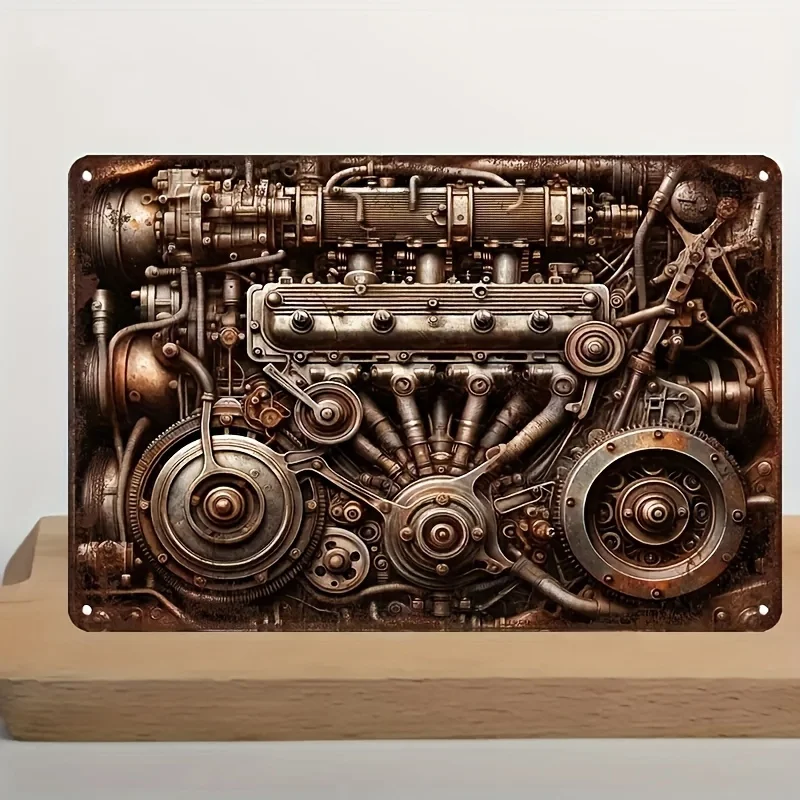 1pc, Steampunk Machine Gear Engine Design Metal Tin Sign (11.8x7.8 Inches/30x20cm), Vintage Rustic Garage Wall Art
