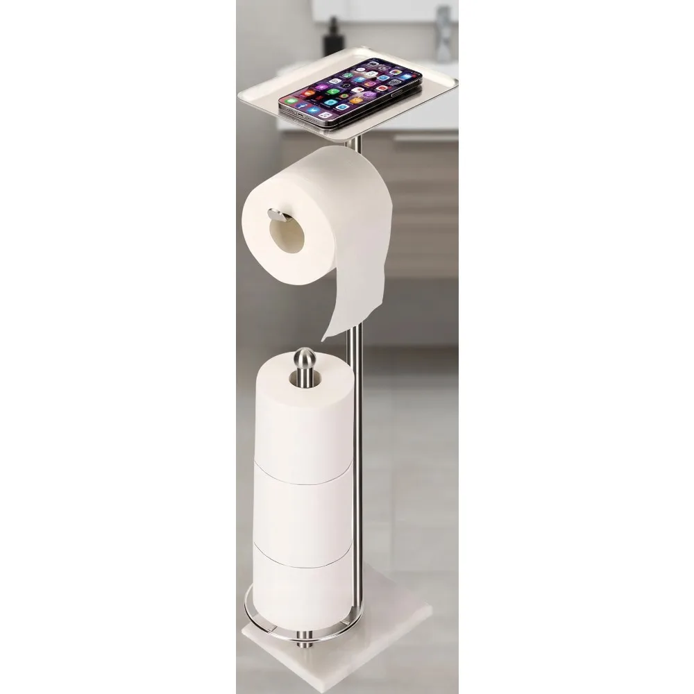 

Freestanding Toilet Paper Holder with Top Tray & Marble Base, Holds 3 Extra Rolls, No Drilling Needed for Modern Bathrooms