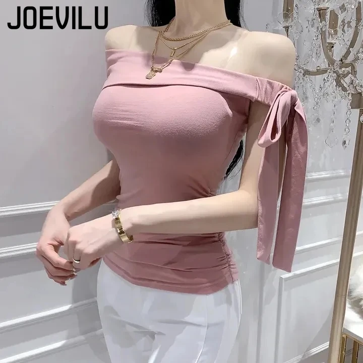 JOEVILU Skinny Tee Bow Tie Off Shoulder Sexy Sleeveless Crop Tops Women\'s Summer Korean Fashion T-shirt Y2k Streetwear Tshirt