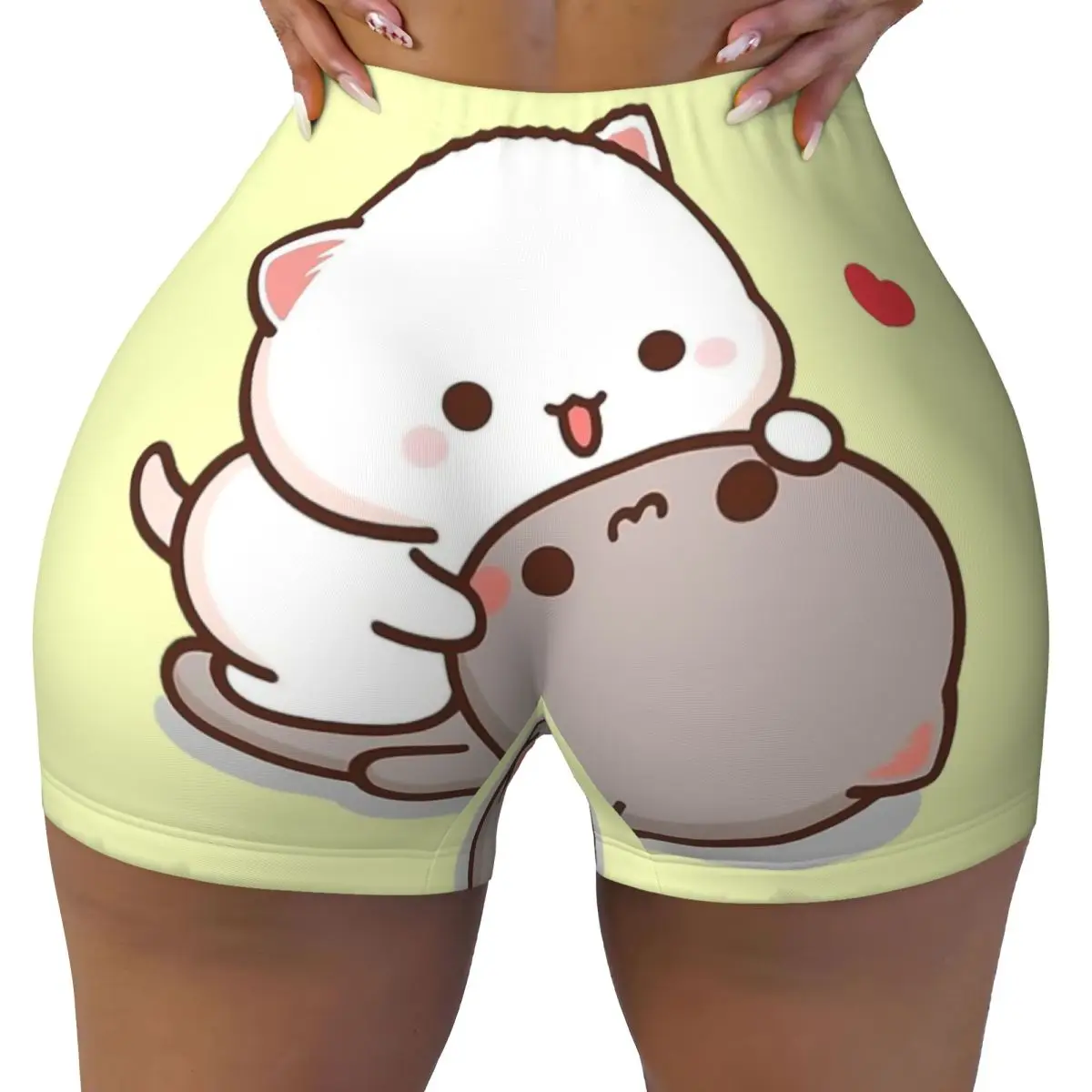 Custom Women Peach And Goma Mochi Cat Cuddling Workout Yoga Shorts Gym Athletic Volleyball Biker Shorts