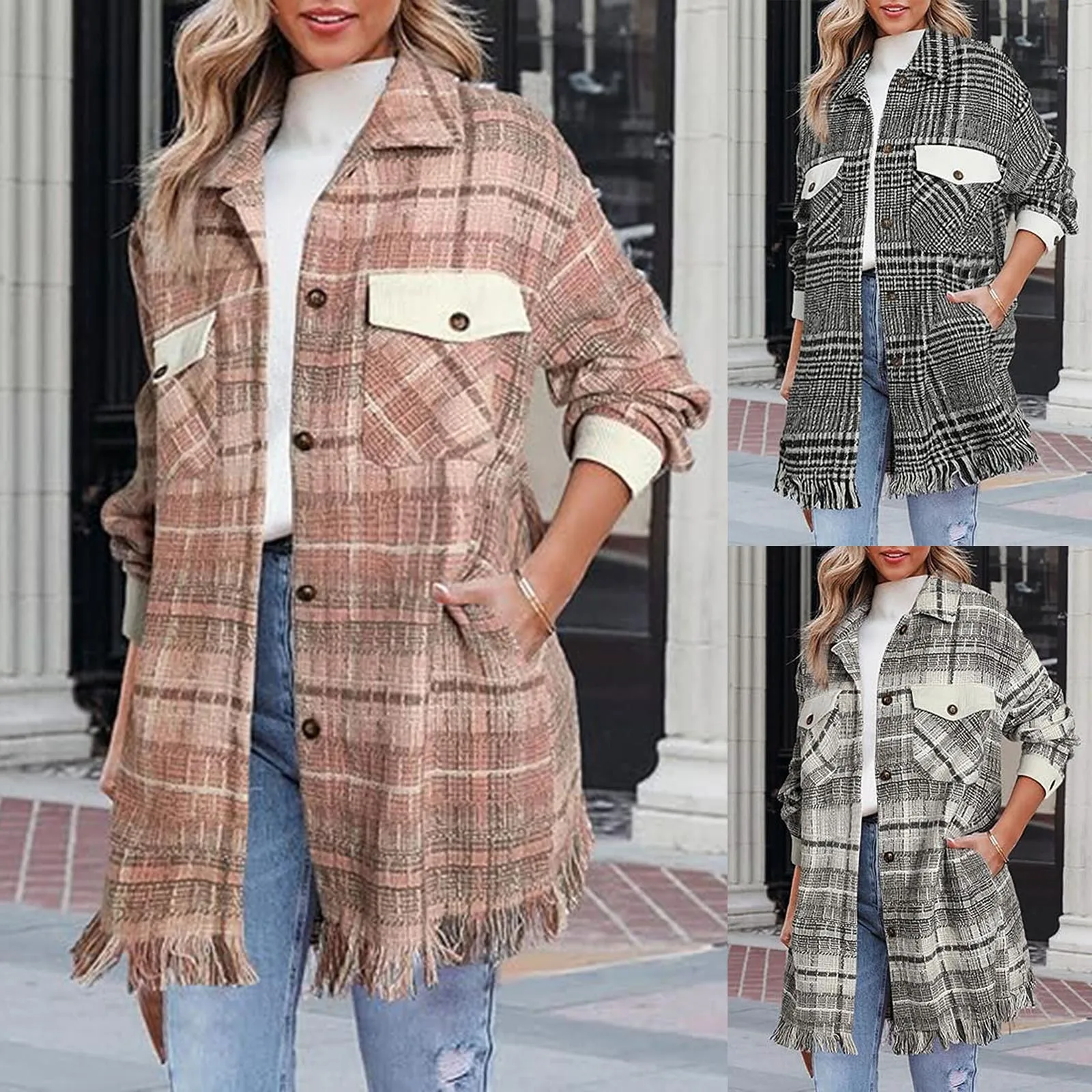 Winter New Plaid Lapel Breasted Long Sleeve Coat For Women Hoodie Jackets for Women Womens Winter Jacket Fleece