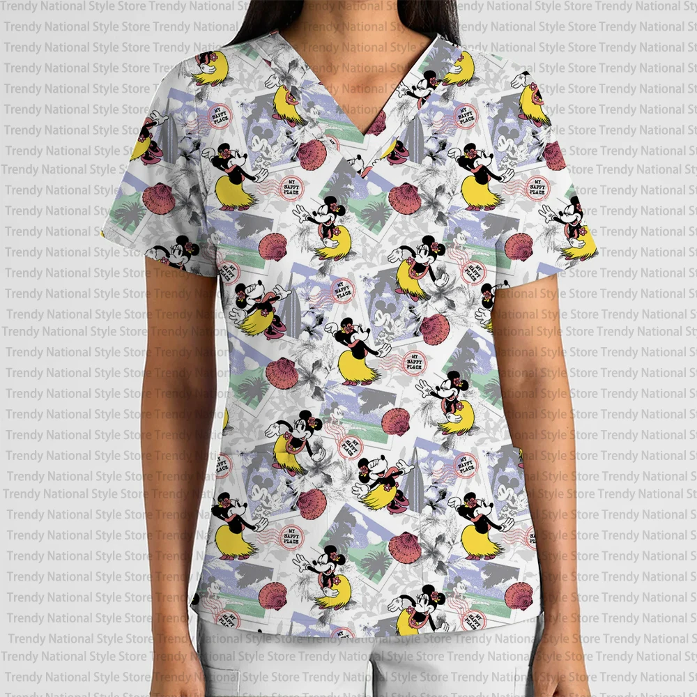 Mode Damen Arbeitsuniform V-Ausschnitt Tasche Frosted Top Disney Weihnachten Schneeflocke Mickey Minnie Elegantes Schönheitssalon T-Shirt