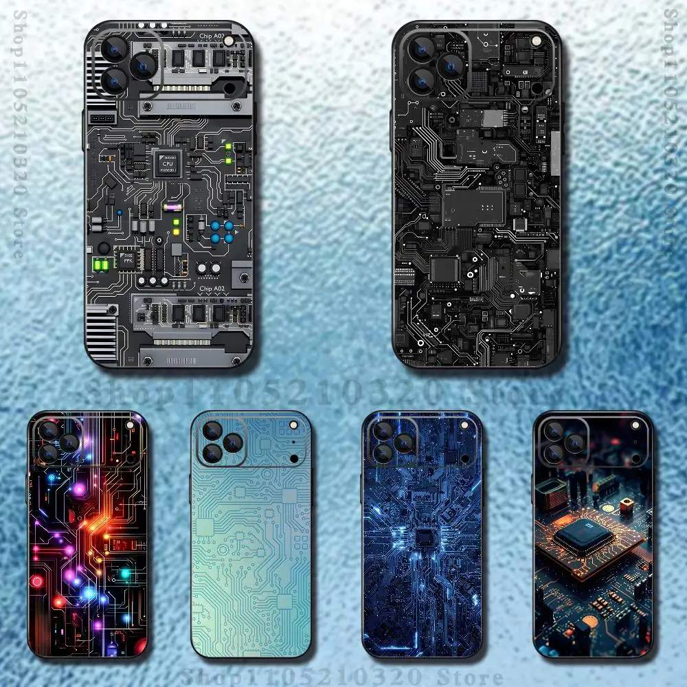 

circuit board Phone Case For iPhone 17,16,15,14,13,12,11,Pro,Max,Plus,E,SE4,Air,Mini Black Soft Funda