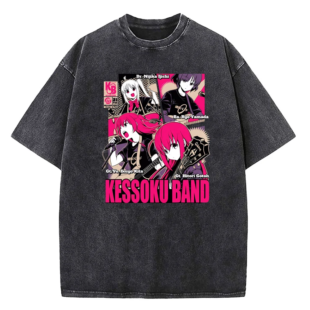 Hot Vintage Men Women Printed T-shirts Bocchi Club Music Band Anime Bocchi The Rock Cotton Tops Creative Crew Neck Tees Washed