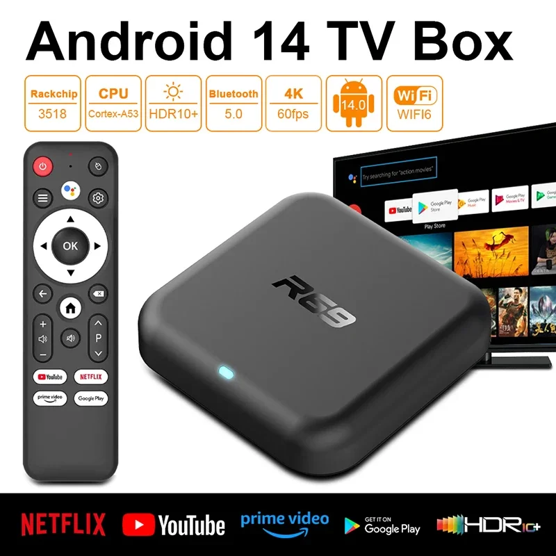 R69 Android 14 Smart TV Box 4K Ultra HD Media Player WiFi 6 Bluetooth 5.0 Google Voice Remote Support Set Top Box