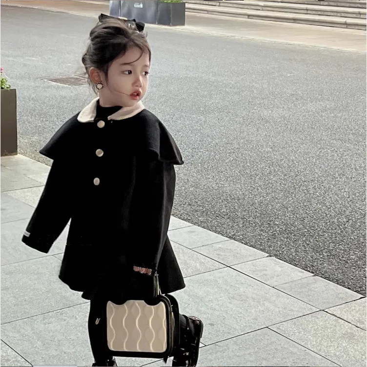 Outerwear Girls Coat Winter New Korean Woolen Cloth Overcoat Middle Length Soild 2023 Turn Down Collar Fashion Simple