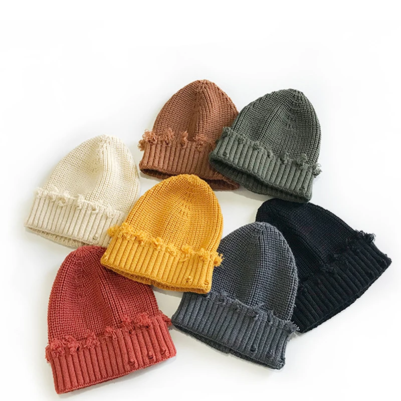 Children\'s Personalized Fashion Broken Hole Knitted Warm Ripped Knitted Hat Korean Hip-hop Elastic Skullies Beanie Cap Winter