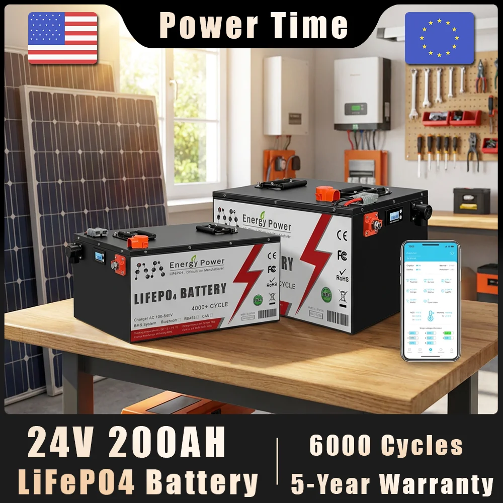 Pacco batteria LiFePO4 24V 200Ah, 24V 100Ah, 5KW, 10KW, BMS Bluetooth, oltre 6000 cicli, batteria al litio ferro fosfato per accumulo solare domestico, inverter off-grid, camper, yacht, barca, motore