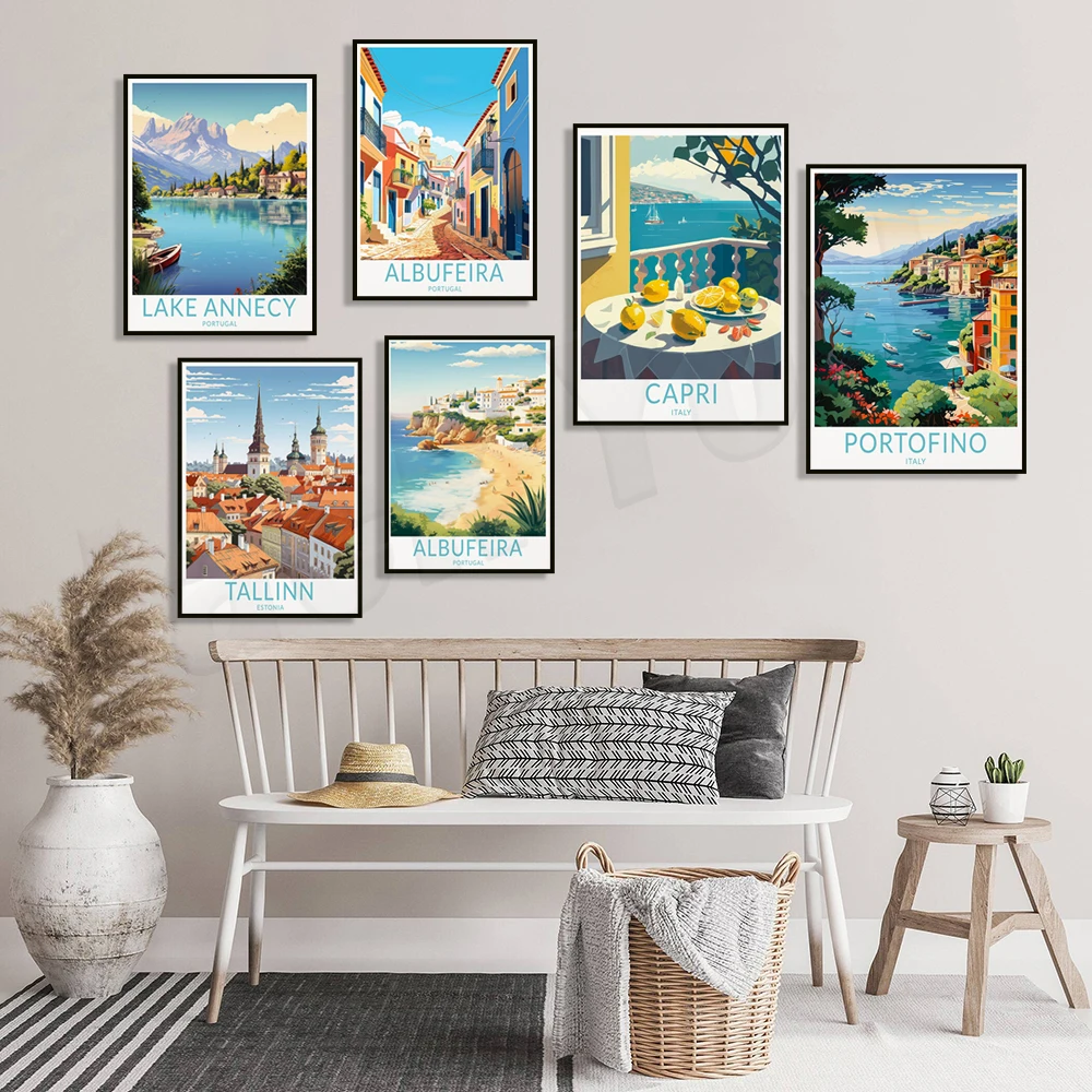 Stockholm, Capri, Lapland Northern Lights, Portofino, Berlin, Paris, Lake Annecy, Albufeira coast, Tallinn Estonia travel poster