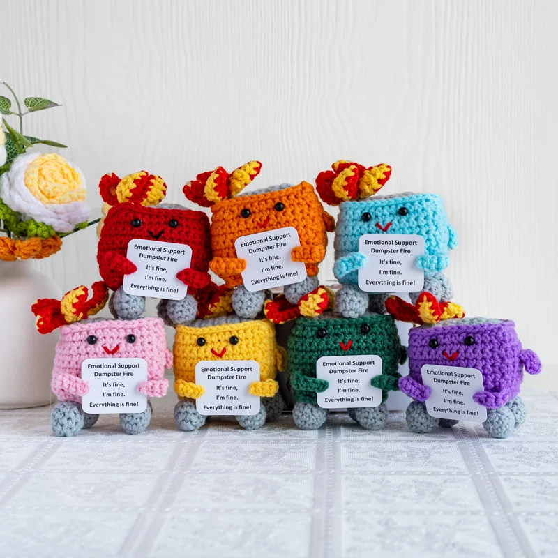 Funny Positive Crochet Dumpster Fire Ornament Cute Emotional Support Dumpster Fire Doll Home Room Decoration Christmas Gifts