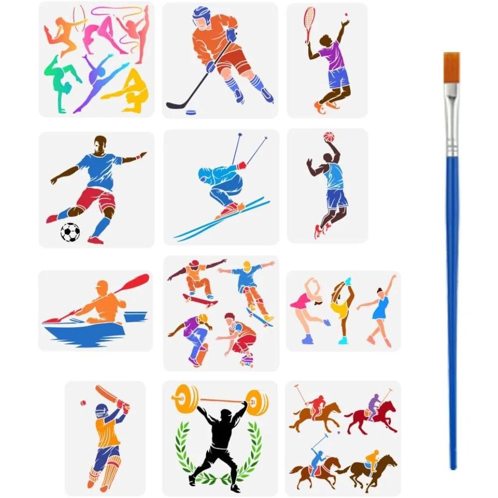 12 PCS Sport Athlete Painting Stencils with Bamboo Brush Reusable Sports Competition Templates Tennis Football making kit