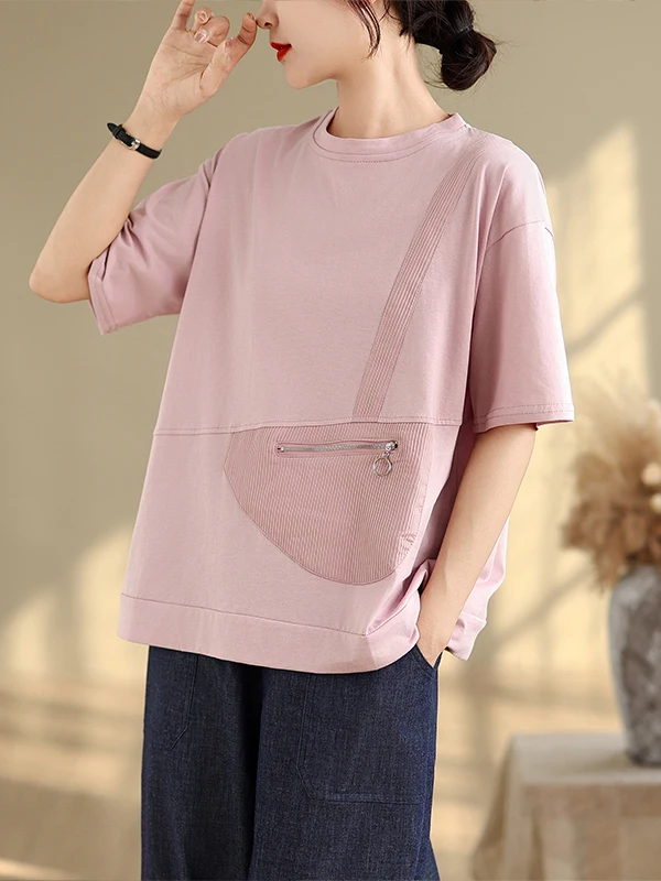 Unique Beautiful Early Summer Women's T-irt Casual Zipper round Ne ort Sve Anti-Aging Trendy 2025 New Summer Top