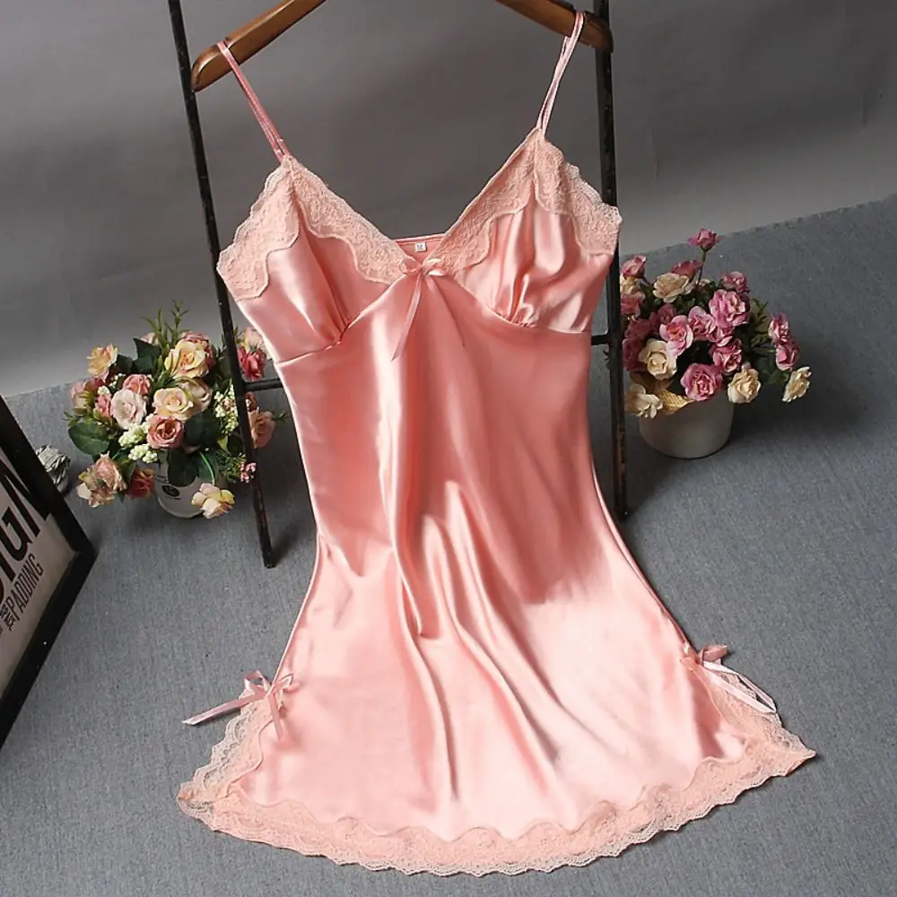 Cute Lace Camisola Bowknots Women's Nightgowns Lingerie Nighty Patchwork Nightwear Women