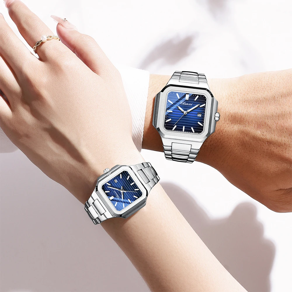 CHENXI Simple Fashion Quartz Couple Watch Luminous Waterproof Men Women Watches Square Dial Stainless Steel Couples Wristwatches