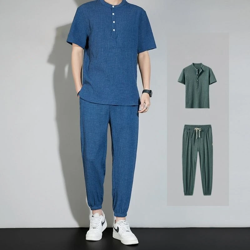 Plain Man Trousers Sets Linen T-shirts Pants Suits for Men High Quality Loose Tee Stretch Novelty in Regular Fit Casual Basic