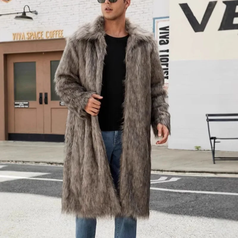 PFHQ Autumn Winter European Faux Fur Lapel Men's Coat Plush Long Jacket 2024 Turn-down Collar Solid Color Male Tops 21Z8041