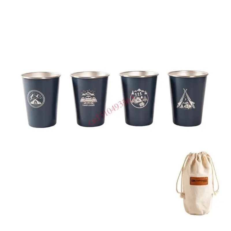 

448C 4 Pieces 350ml Stainless Steel Outdoor Camping Tumbler Cup with Drawstring Storage Bag Travel Stackable Drinking Mug