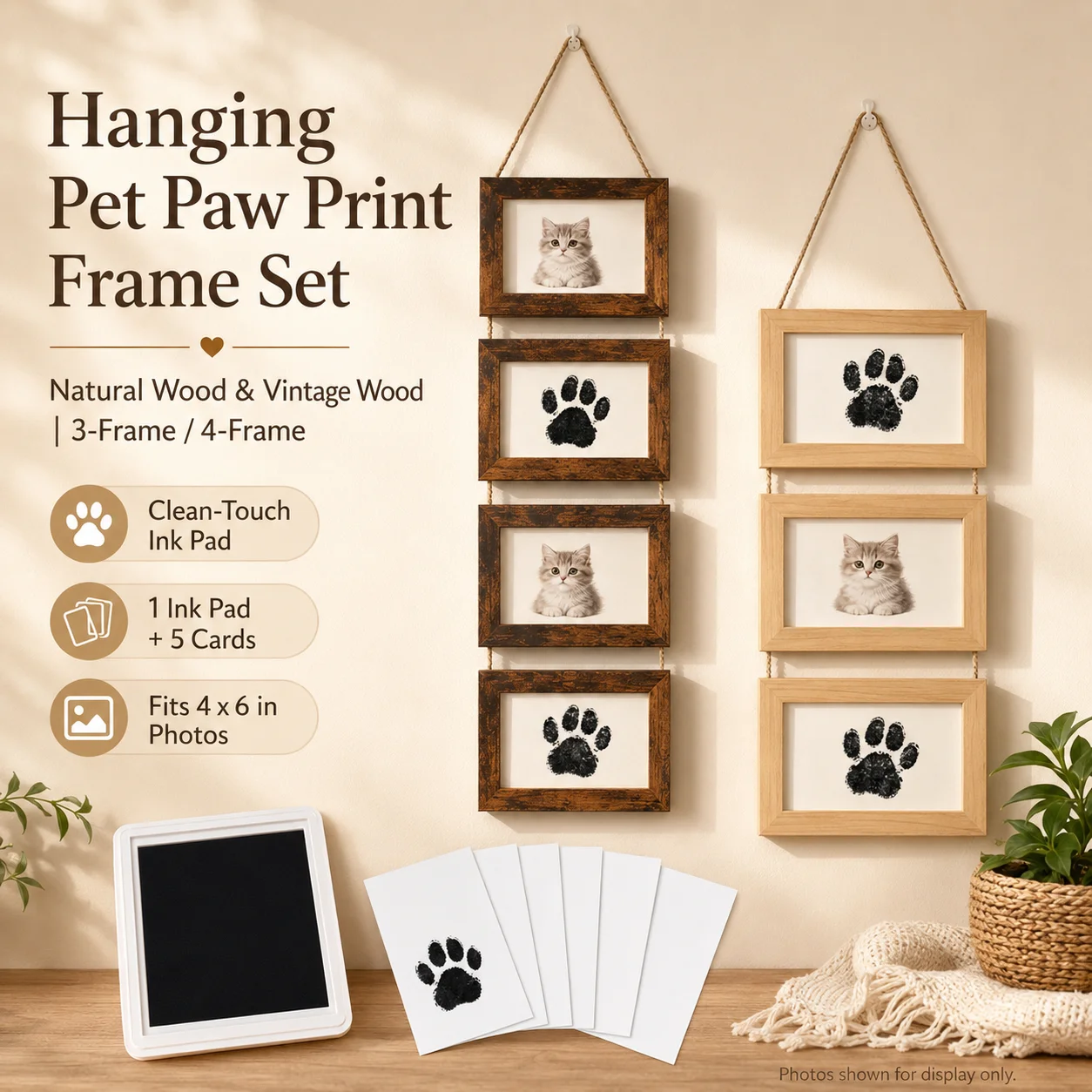 Clean Touch Pet Paw Print Hanging Frame Set, 3/4 Linked 4x6 Wood Photo Collage with Black Ink Pad and 5 Imprint Cards