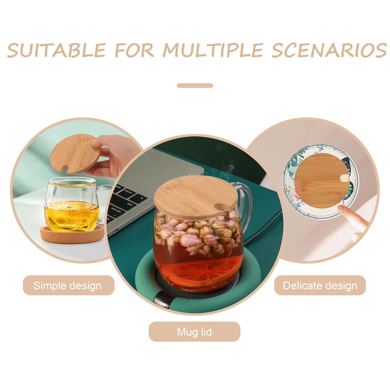 

4Pcs Bamboo Cup Lid Round Mug Replacement Covers with Spoon Slot Sealing Reusable Heat-Resistant Cup Lid Lids for Cups