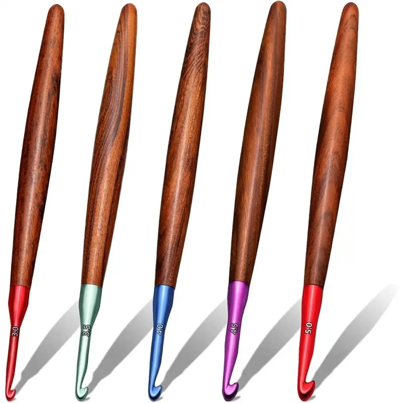 

Ergonomic Crochet Hook Set 5 PCS, 3Mm-5Mm Aluminum Hooks Featuring Wooden Handles
