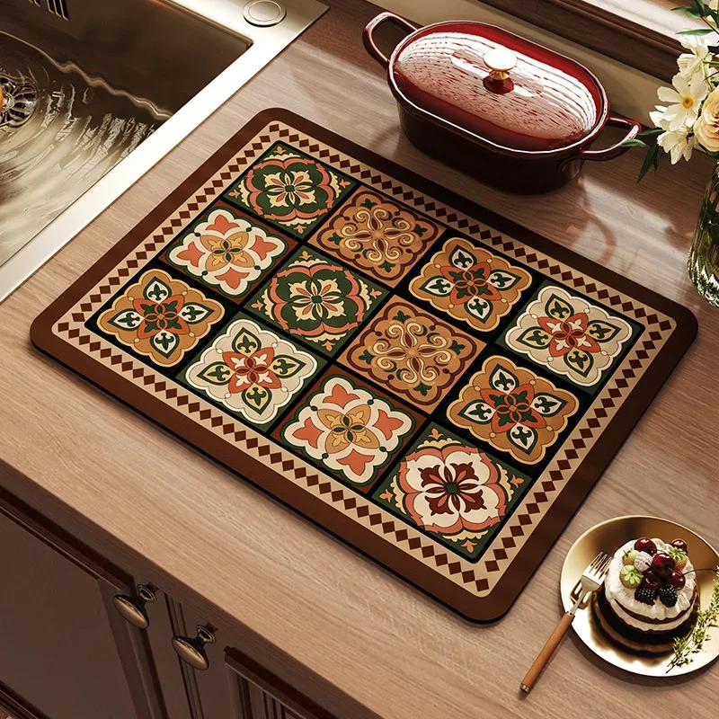 Bohemian Retro Printed Insulation Placemats Diatom Mud Absorbent Quick-Drying Drain Pad Dirt-Resistant Kitchenware Tableware Mat