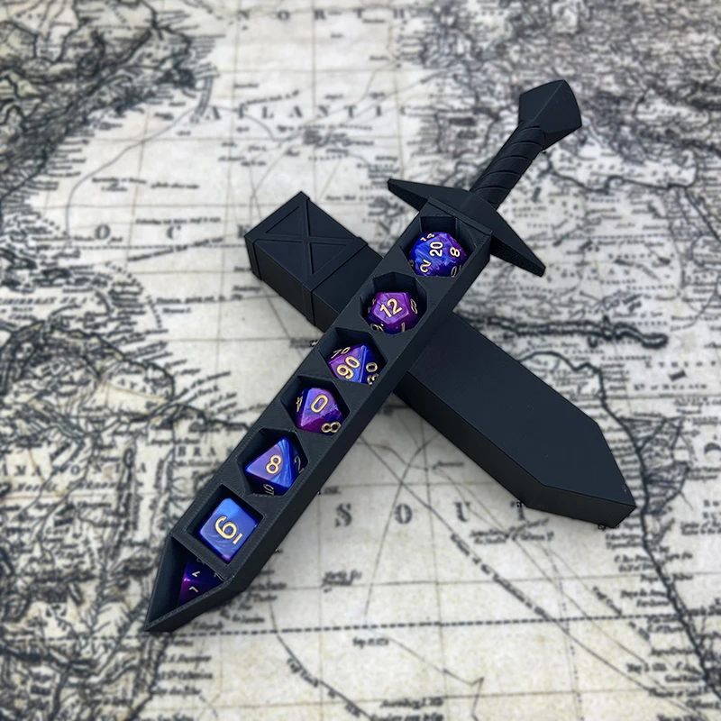 DND RPG TRPG 게임을위한 오지를 가진 3D 인쇄 된 칼 모양의 저장 상자 주사위 DND 게임 역할 주사위 홀더 데스크탑 장식 저장 보