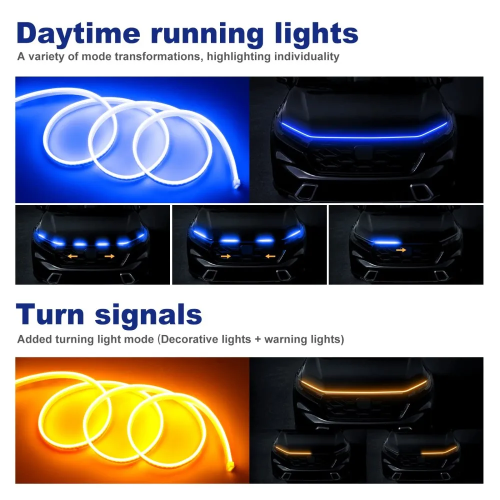LED Car Daytime Running Light Strip - Blue & Yellow Dual Color Plug And Play Start Scan Turn Signal 12V Universal Car Hood Light