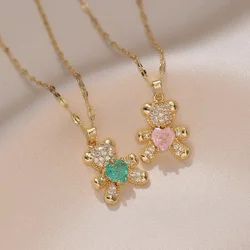 Cute Pink Blue Zircon Bear Pendant Necklaces for Women Girls Gold Color Stainless Steel Chain Lovely Accessories Jewelry Gifts